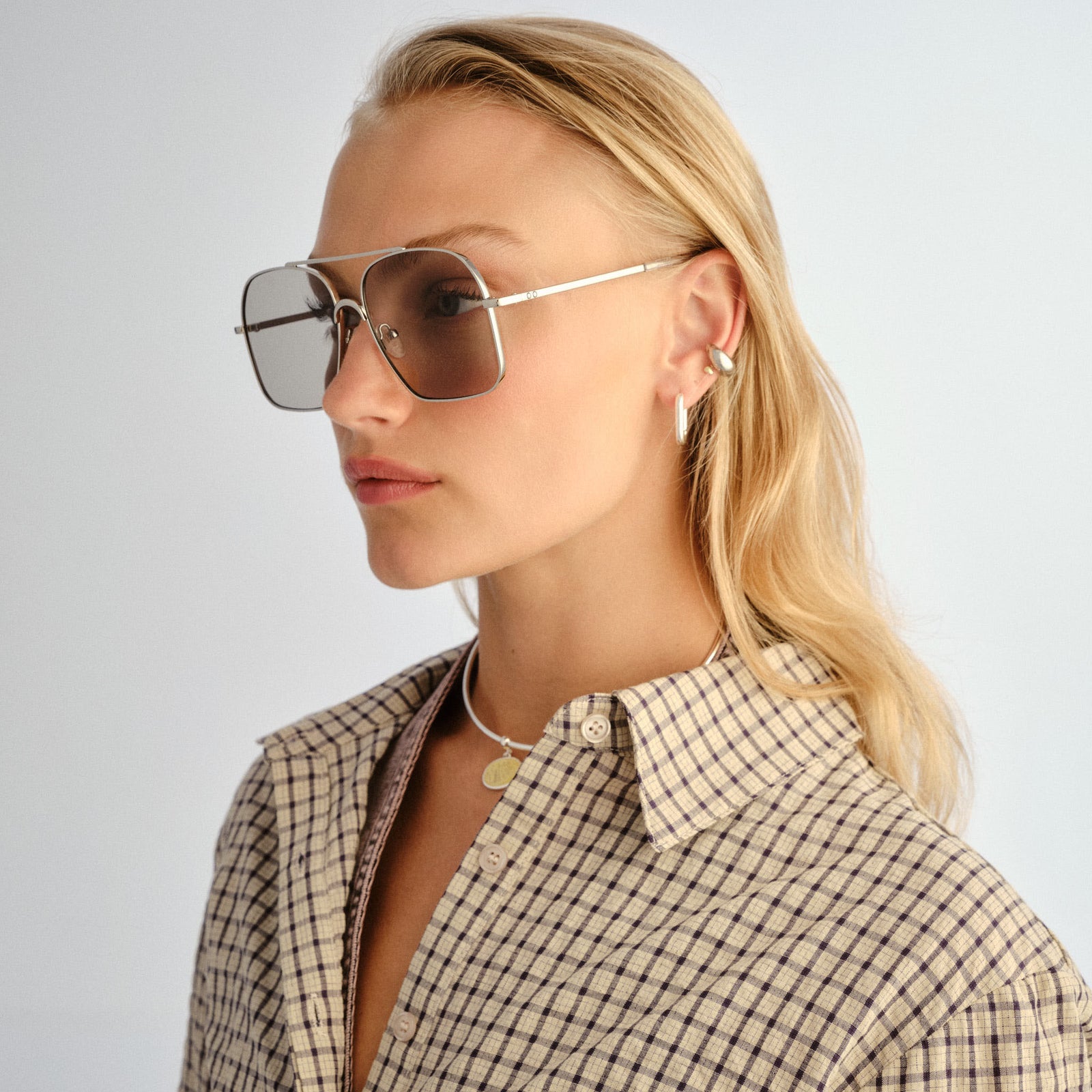 Civelle Bright Silver Crystal Clear Female Aviator Sunglasses | Le Specs